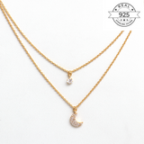 Layered Moon & Solitaire Necklace Made of Fine 925 Silver