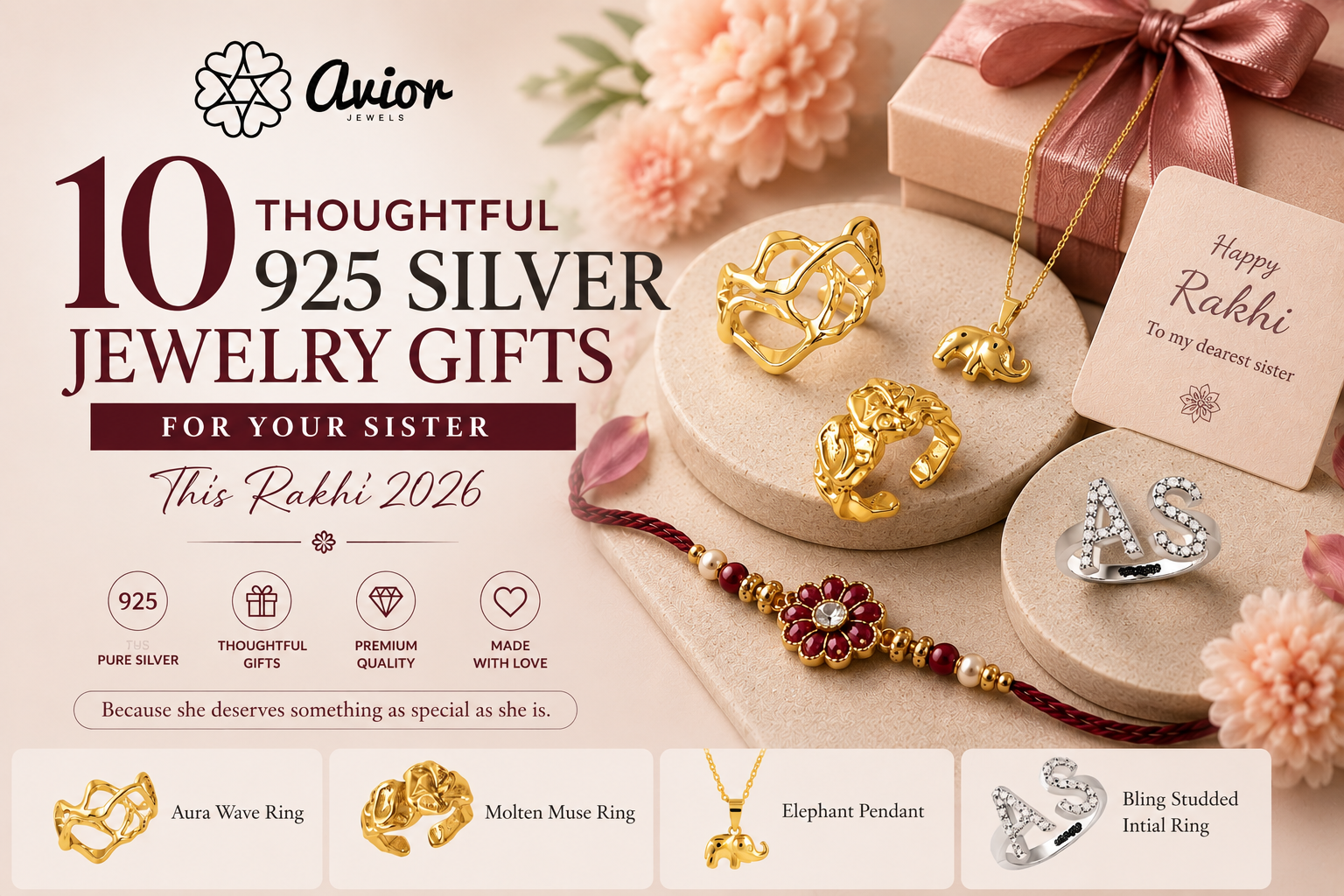 Avior Jewels 925 silver Rakhi gift collection for sister - rings, pendant necklace and initial ring