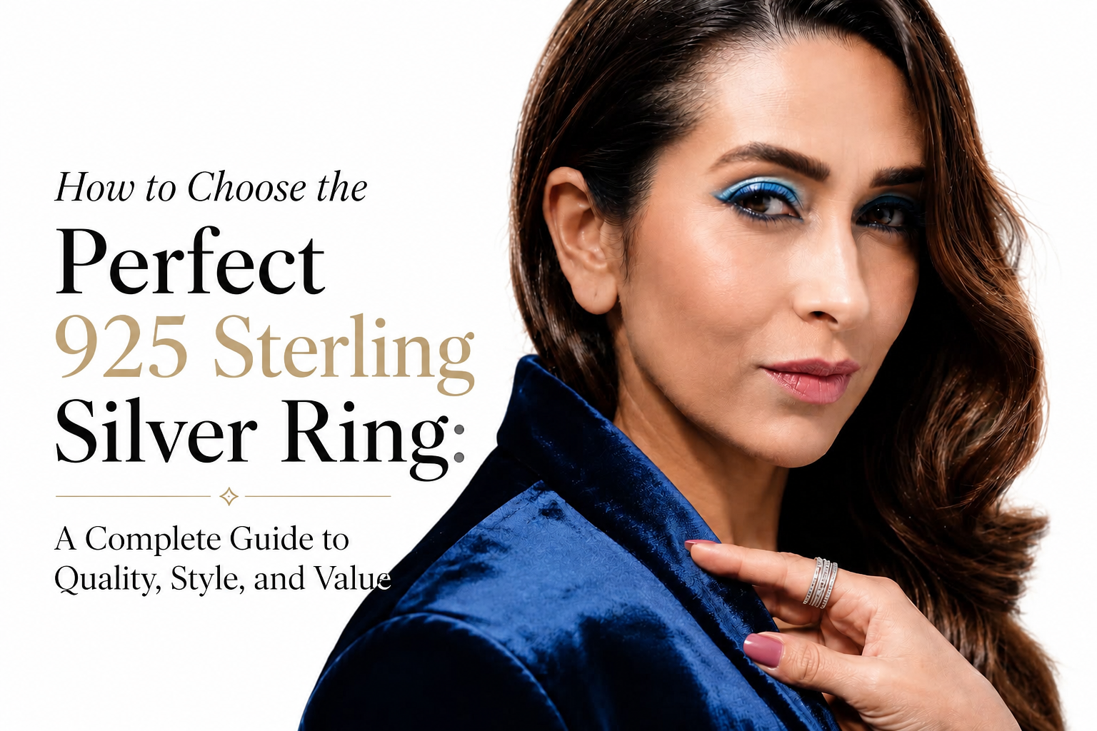 Woman wearing a 925 sterling silver ring with guide on how to choose the perfect sterling silver ring