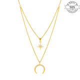 Crescent Moon Star Layered Made of Fine 925 Silver